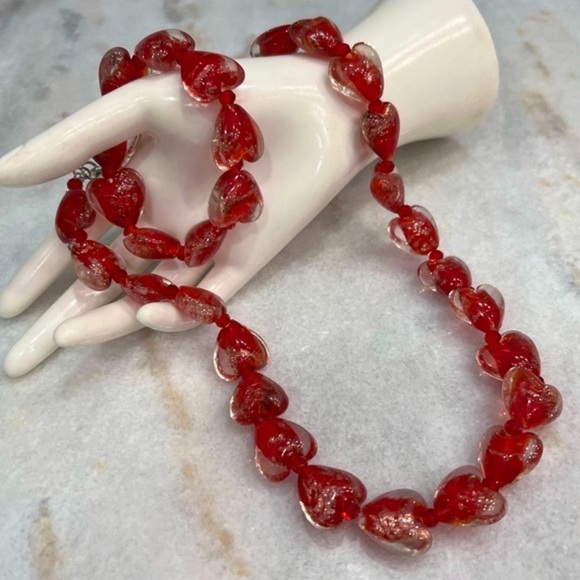 Red MURANO Style Millefiori Glass Bead Heart Necklace and Bracelet - Picture 2 of 9